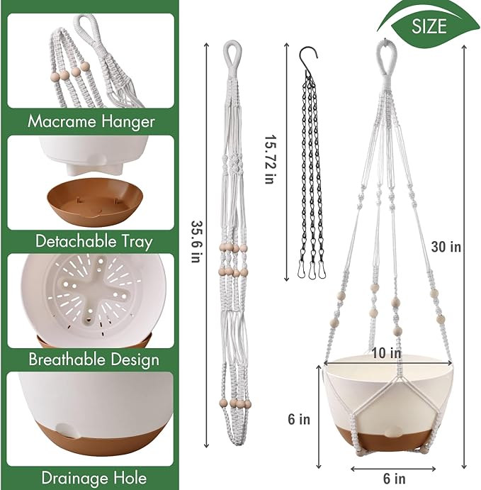 10 Inch Hanging Planters for Indoor Plants,Set of 2 Hanging Pots for Plants with Self-Watering, Outdoor Hanging Plant Pot with Drainage and 2 Kinds of Hanging Baskets Hangers for Home Decor and Garden-VerdiqueGarden