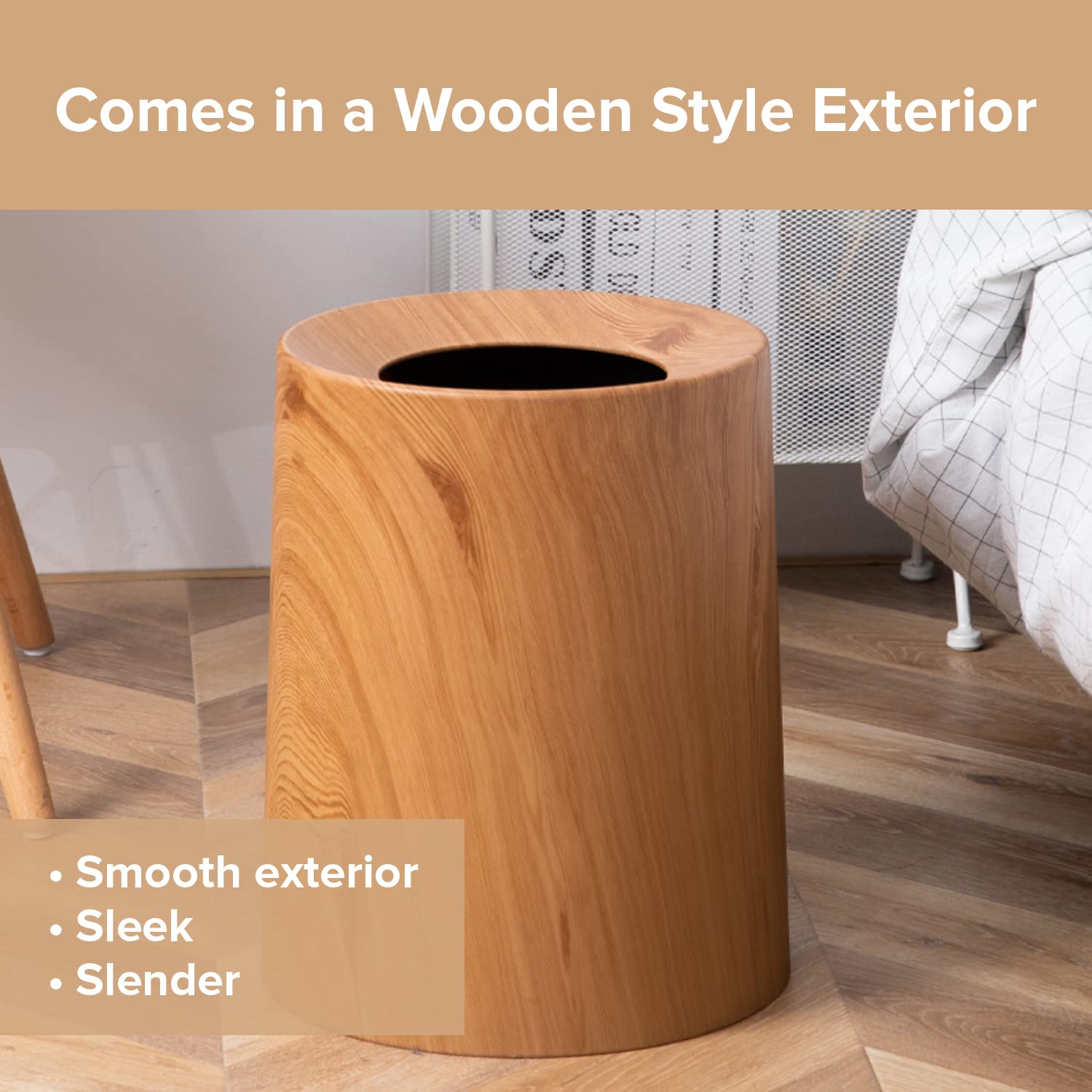 Anti Spill Nordic Wood Grain Look Waste Basket - Kids Pet Proof Garbage Container - Safer & Cleaner Indoor Outdoor Trash Can 3.2Gal - Patio Yard Entry Garbage Can - Round Modern Design 10"x10"x12"-VerdiqueGarden