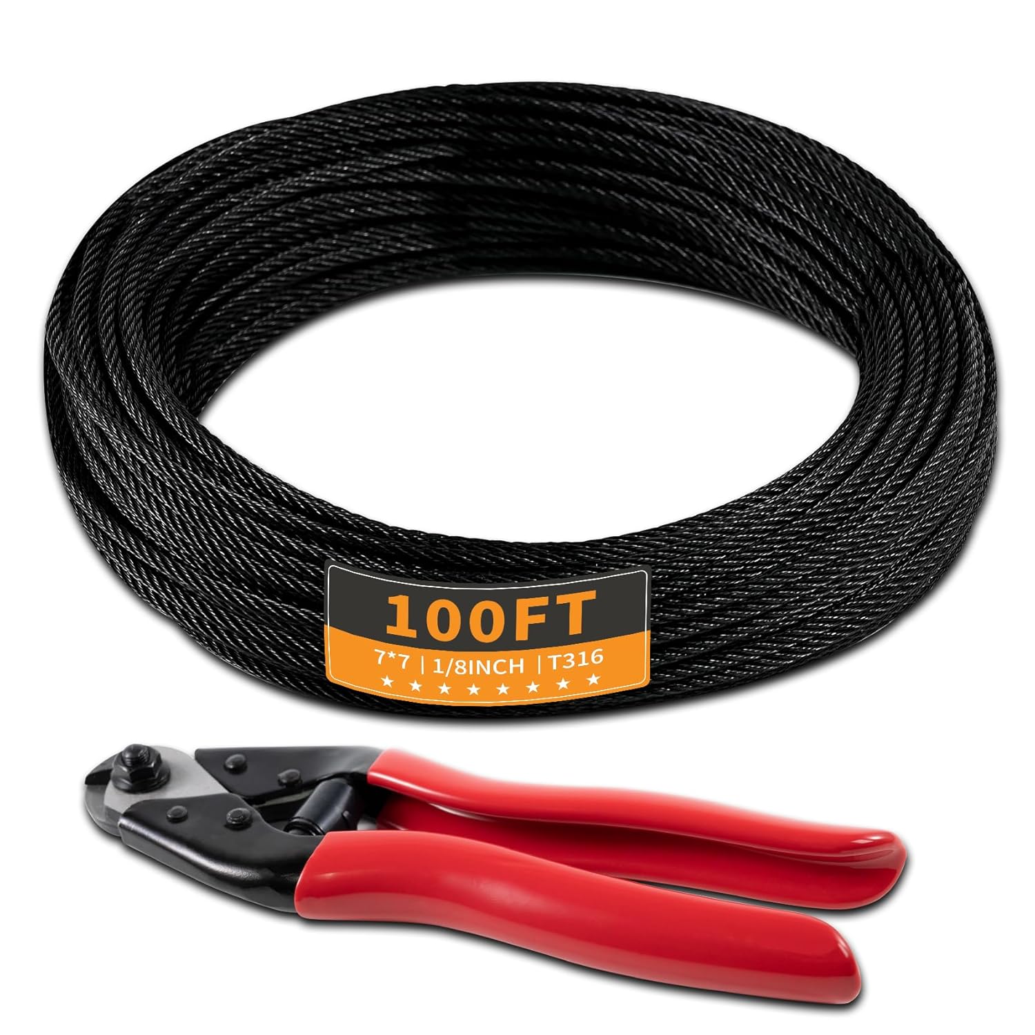 100FT 1/8" Stainless Steel Cable Black 7x7 Strands Aircraft Cable T316 Wire Rope with Cable Cutter 1800lbs Breaking Strength for Deck Cable Railing, Stair, Fence, DIY Balustrades-VerdiqueGarden