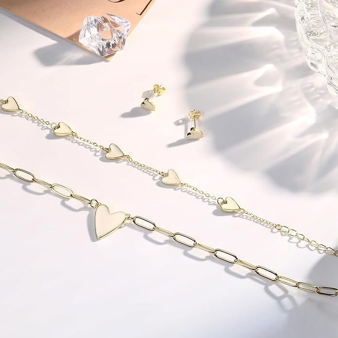 ORAZIO Jewelry Set for Women,Hypoallergenic 14K Gold Plated Pink/Black/Blue/White Heart Jewelry Set Trendy Heart Pendant Necklace Heart Charm Bracelet Cute Heart Earring Studs Dainty Women's Jewelry Sets Gift