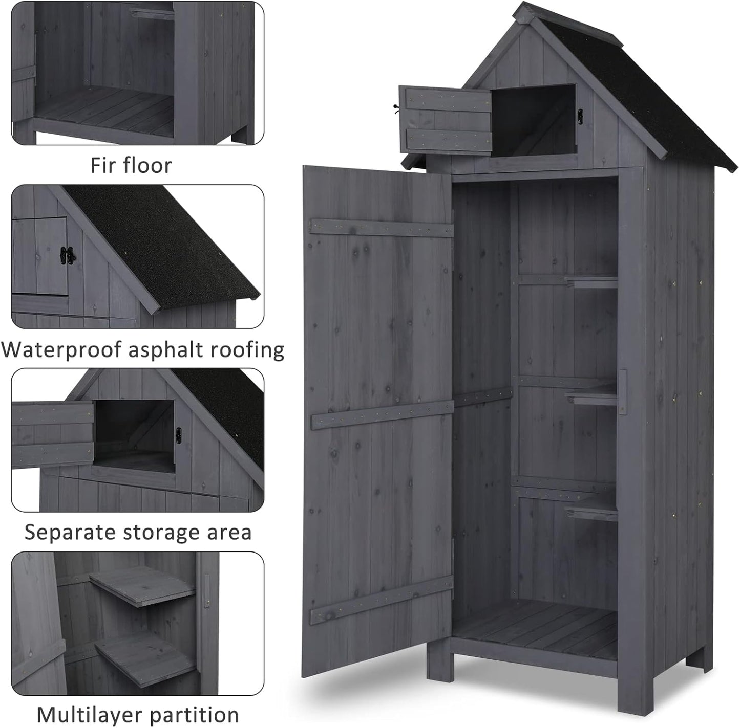 Outvita Outdoor Storage Shed, 70 Inch Wooden Garden Storage Cabinet, Waterproof Tool Storage Cabinet with Lockable Door, Wooden Garden Shed Outdoor Shed for Garden Backyard Lawn(Grey)-VerdiqueGarden