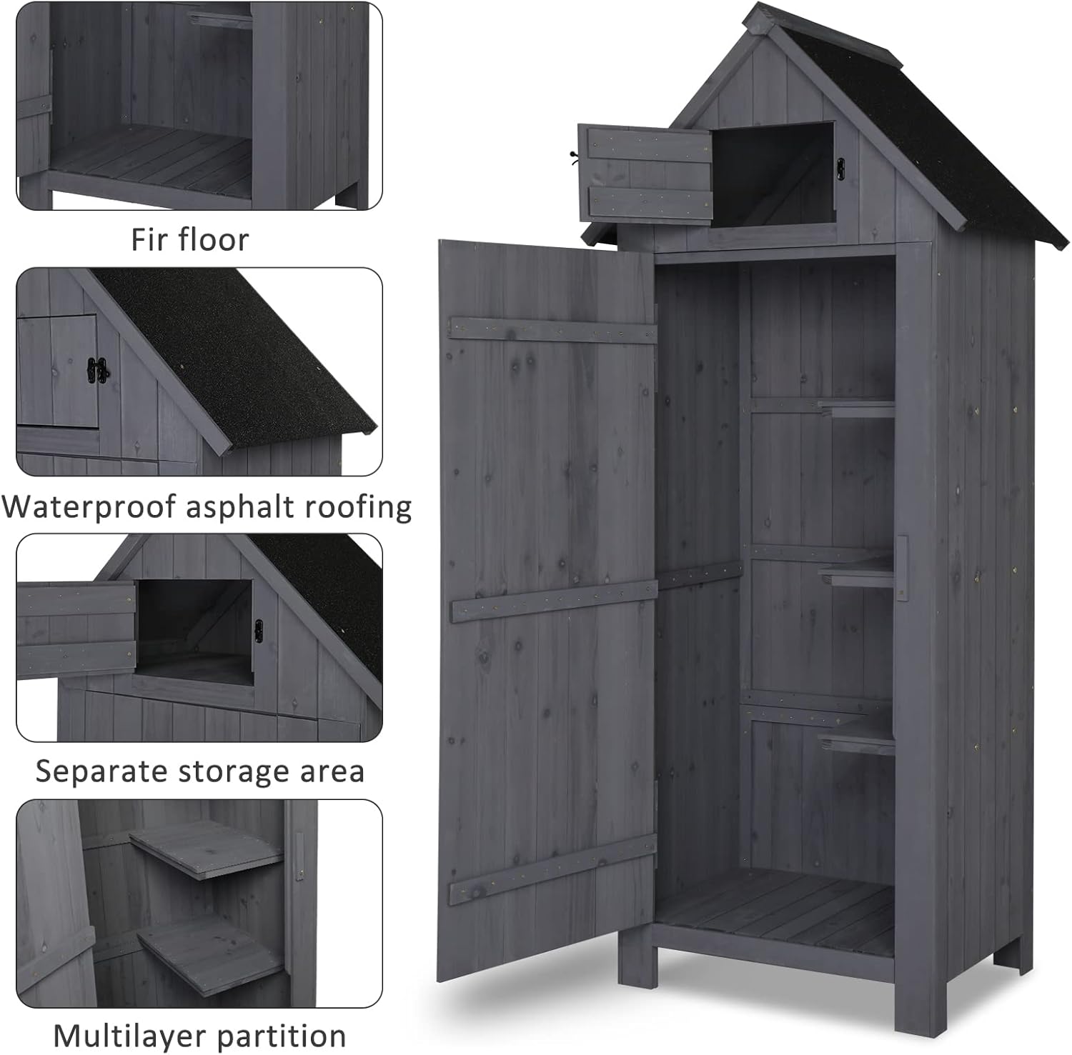 Outvita Outdoor Storage Shed, 70 Inch Wooden Garden Storage Cabinet, Waterproof Tool Storage Cabinet with Lockable Door, Wooden Garden Shed Outdoor Shed for Garden Backyard Lawn(Grey)-VerdiqueGarden