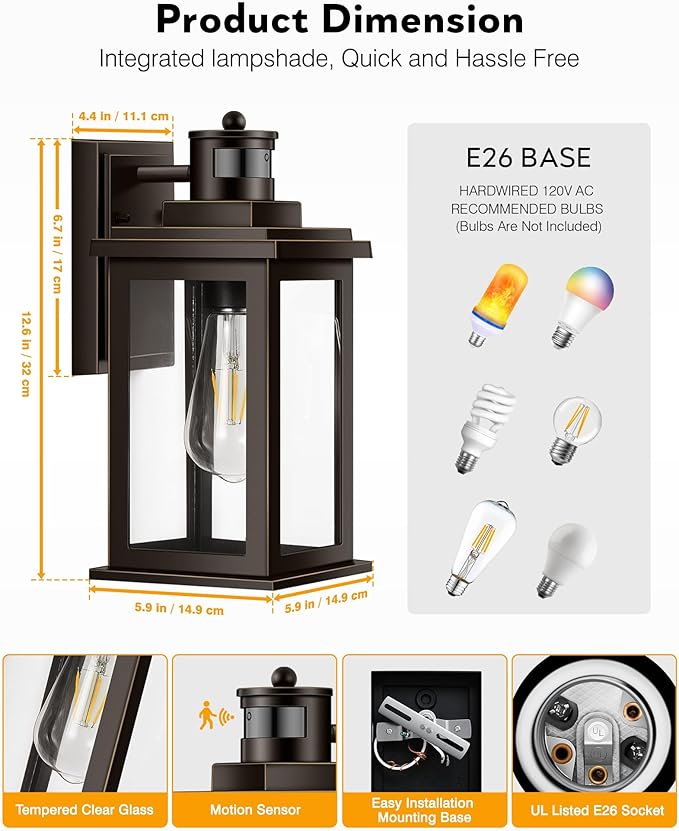 VIANIS Distance-Adjustable Motion Sensor Porch Light, 2-Pack Oil Rubbed Bronze Waterproof Outdoor Light fixtures Wall Mount, Anti-Rust Dusk-to-Dawn Outdoor Lanterns for Porch, Garage, Front Door-VerdiqueGarden