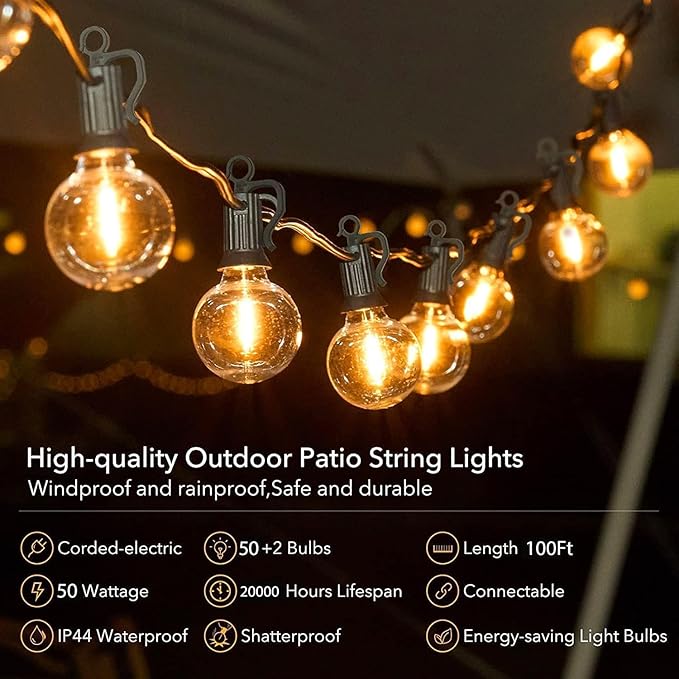 Brightown Outdoor String Lights - 100 FT Patio Lights with 50 LED G40 Globe Plastic Bulbs, All Weatherproof Connectable Commercial Hanging Light for Outside Backyard Porch Cafe-VerdiqueGarden