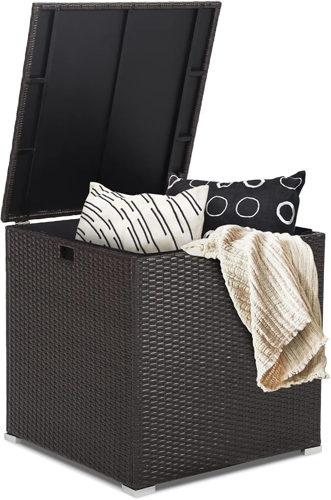 RELAX4LIFE Outdoor Storage Box 72-Gallon - Outside Wicker Storage Bin with Waterproof Zippered Liner, Gas Strut, Package Delivery Boxes for Outside, Accessories, Garden Tools Storage Deck Box-VerdiqueGarden