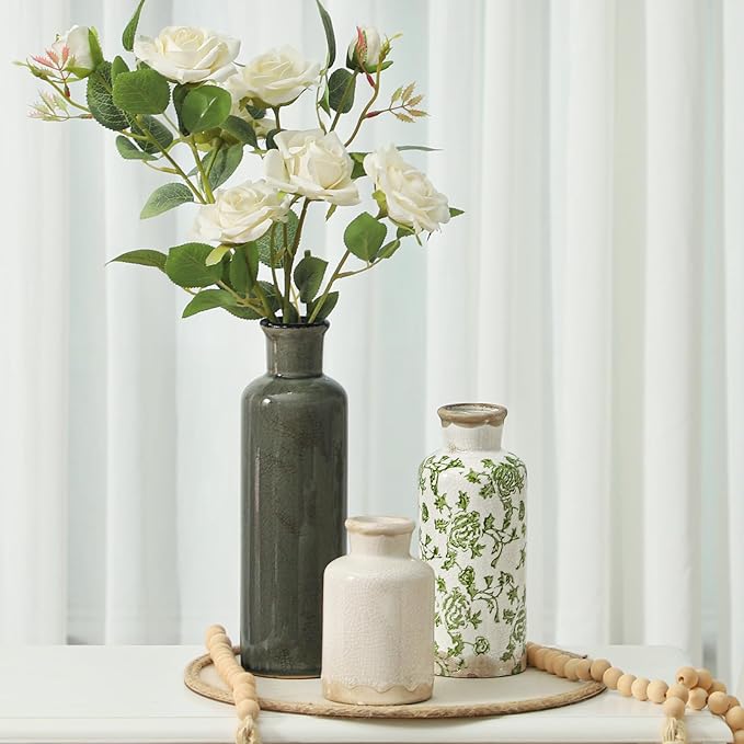 Vintage Vase Set of 3, Ceramic Vintage Flower Vases, Chinoiserie Decorative Home Decor Retro Floral Vase Rustic Farmhouse Decor for Table Bookshelf Mantel Kitchen Living Room Office - Green and Beige-VerdiqueGarden