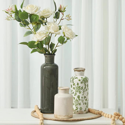 Vintage Vase Set of 3, Ceramic Vintage Flower Vases, Chinoiserie Decorative Home Decor Retro Floral Vase Rustic Farmhouse Decor for Table Bookshelf Mantel Kitchen Living Room Office - Green and Beige-VerdiqueGarden