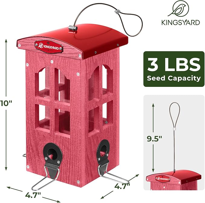 Kingsyard Upgraded Rainproof Bird Feeder for Outdoor Hanging - Metal Feeding Port, Recycled Plastic Wild Bird Feeder with Metal Mesh Tray for Goldfinch Small Bird, Garden Yard Decoration, Red-VerdiqueGarden