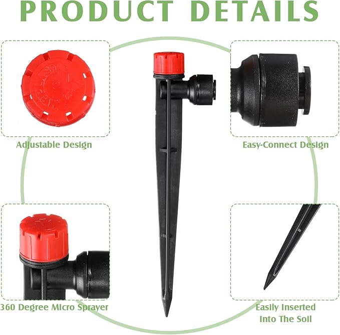 100 Pcs Drip Irrigation Emitters for 1/4'' Irrigation Tubing Adjustable Water Flow Drip Emitters with Stake Drip Irrigation System Irrigation Drippers with 360 Degree Sprayer for Garden Patio-VerdiqueGarden