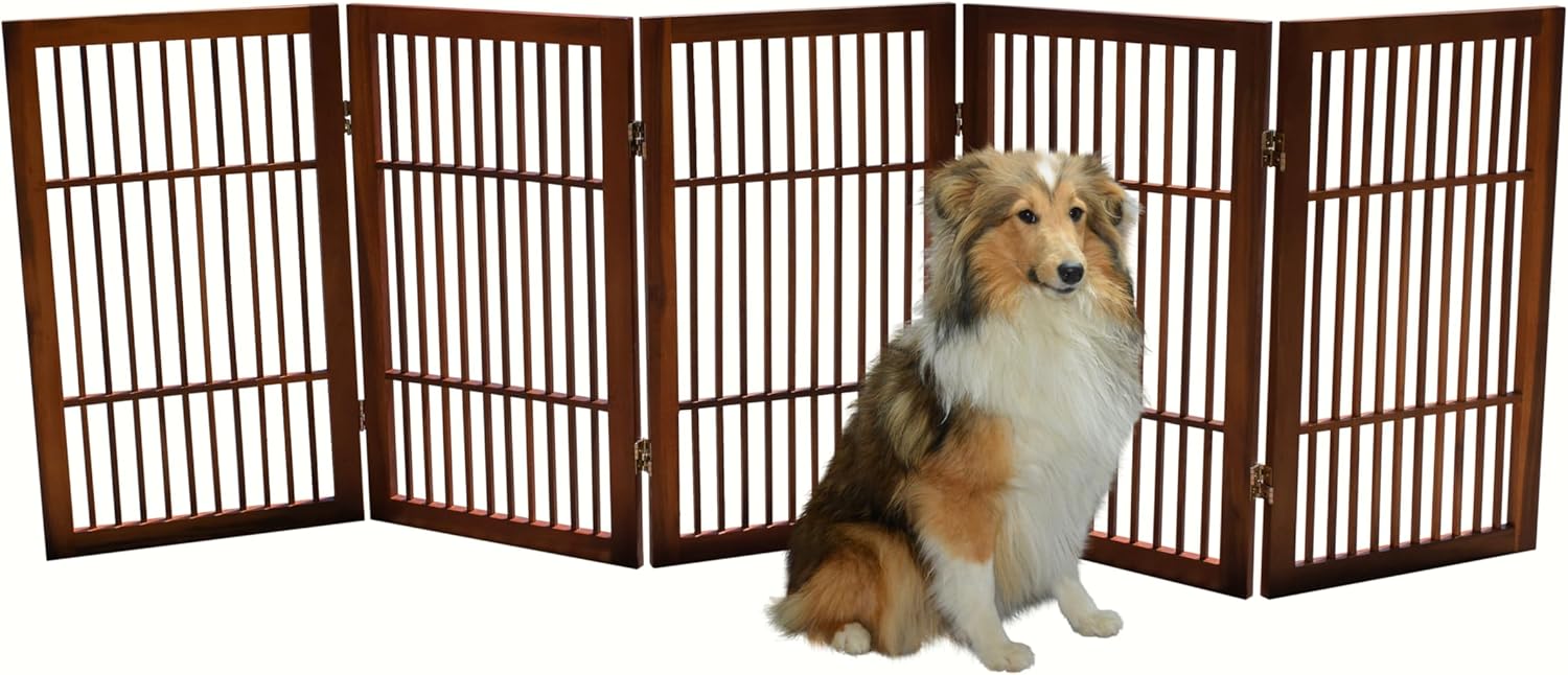 Pet Dog Gate Strong and Durable Freestanding Folding Acacia Hardwood Portable Wooden Fence Indoors or Outdoors by Urnporium (Brown Pet Gate, 5 Panel 30" Tall)-VerdiqueGarden
