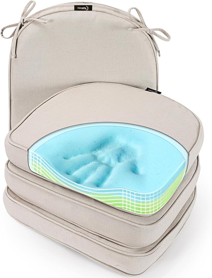 SUNROX Gel Memory Foam Chair Cushions, FadeShield Water-, Stain-Resistant Durable Reversible Seat Cushion Pads with Ties for Indoor/Outdoor Kitchen Dining Office, 19"x19", Set of 4, Cream-VerdiqueGarden