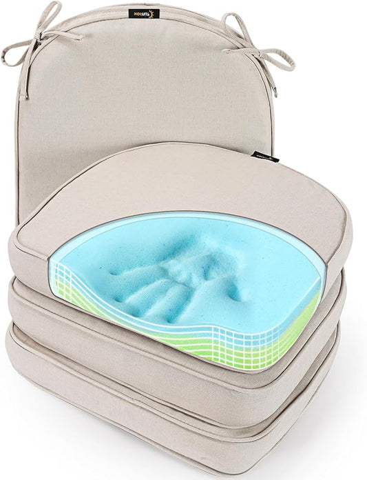 SUNROX Gel Memory Foam Chair Cushions, FadeShield Water-, Stain-Resistant Durable Reversible Seat Cushion Pads with Ties for Indoor/Outdoor Kitchen Dining Office, 17"x16", Set of 4, Cream-VerdiqueGarden