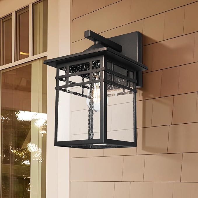 Outdoor Light Fixture Wall Mount, Black Exterior Light Fixture Wall Sconces with Seeded Glass for Front Porch, 9 Inch Large Waterproof Outdoor Square Wall Lantern Outside for House Doorway-VerdiqueGarden