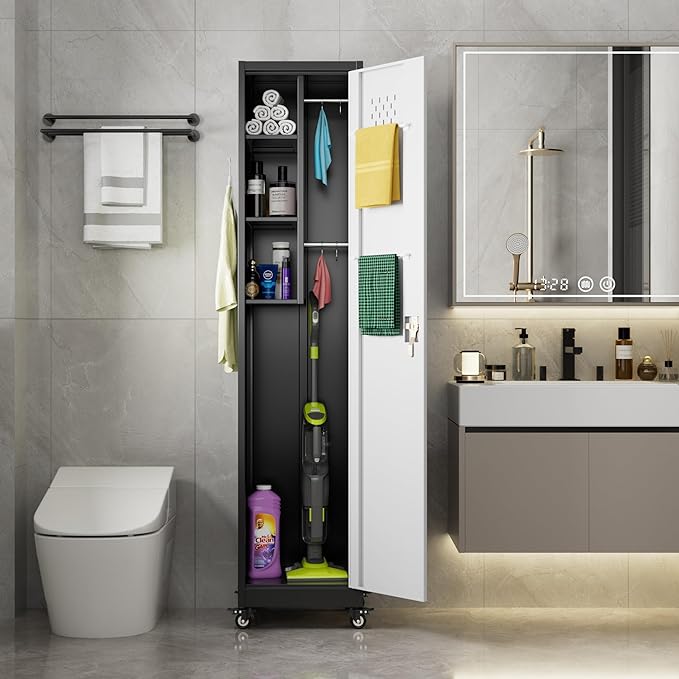 72''H Metal Broom Closet Storage Cabinet with Wheels & Pegboards, Mops Broom Closet Organizer with Locking Door & Hanging Rod,Cleaning Tool Garage Cabinet,Assembly Required,Black White-VerdiqueGarden