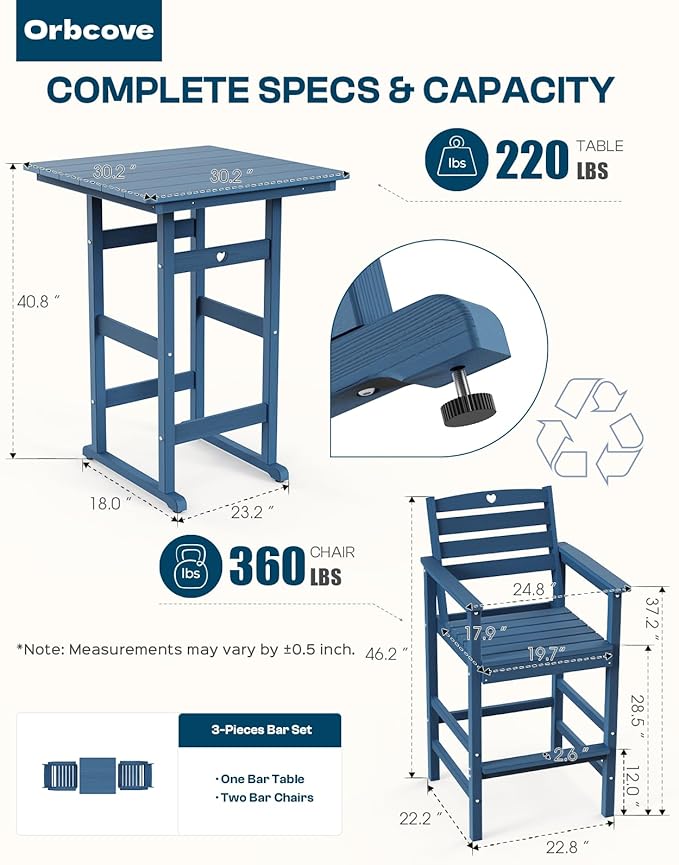 3-Piece Bar Height Patio Table and Chairs Set, HDPE Wood Grain Outdoor Bar Table and Chairs with Heart Cutout Design, Weather-Resistant Bar Height Furniture for Deck, Porch, Pool (Navy Blue)-VerdiqueGarden