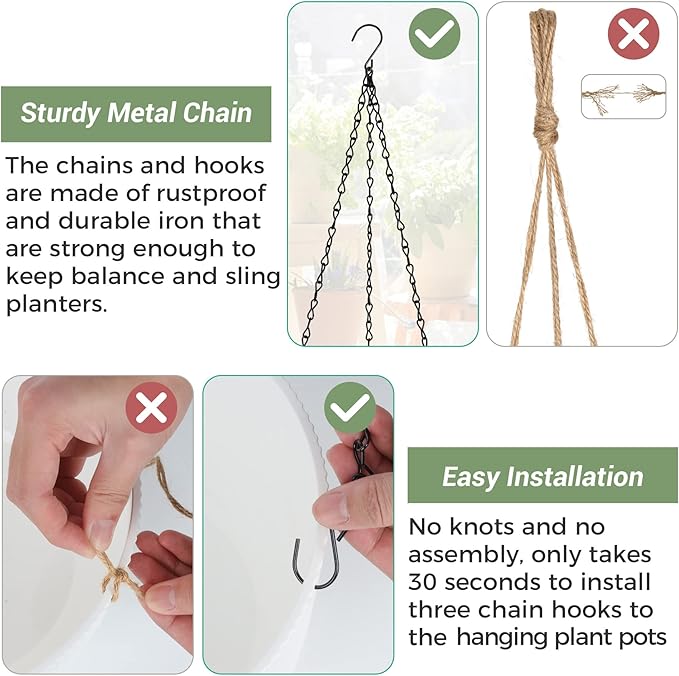 T4U Hanging Planter Self Watering 8 Inch, 2 Pack White Indoor Outdoor Hanging Plant pots, Hanging Flower Pot with Drainage Hole & Plug & Chain with 3 Hooks for Garden Home Decor-VerdiqueGarden