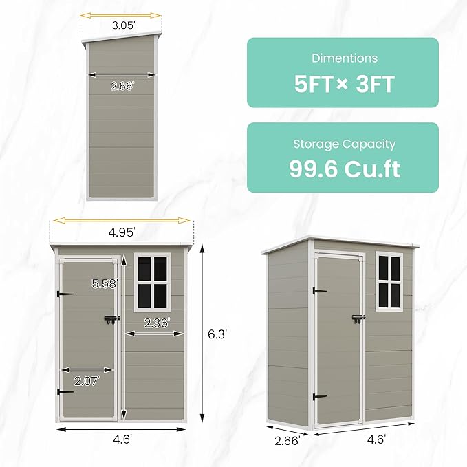 UDPATIO Outdoor Storage Shed 5x3 FT, Garden Plastic Sheds & Outdoor Resin Shed with Lockable Door for Backyard, Patio, Lawn, Light Grey-VerdiqueGarden