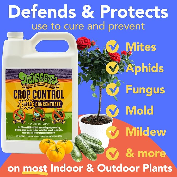 Trifecta Crop Control Super Concentrate All-in-One Natural Pesticide, Fungicide, Miticide, Insecticide, Help Defeat Spider Mites, Powdery Mildew, Botrytis, Mold, and More on Plants - Gallon-VerdiqueGarden