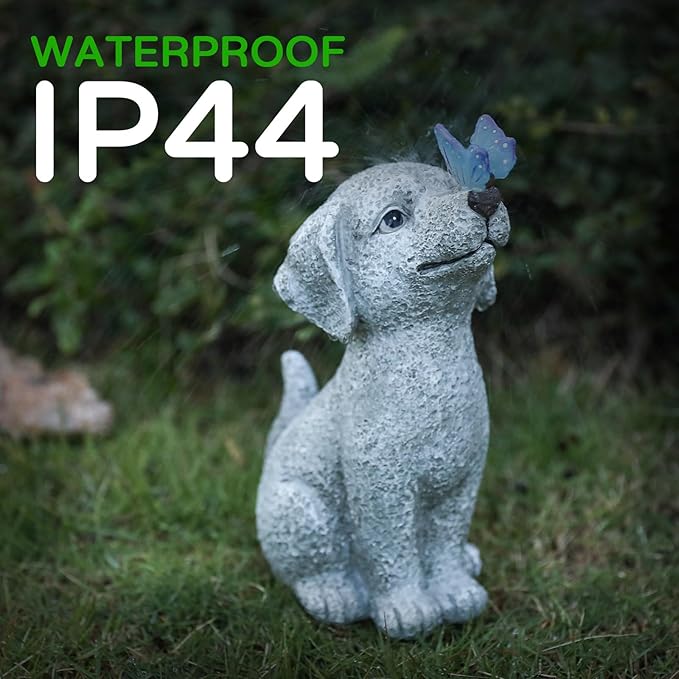 Solar Garden Outdoor Statues Dog with Butterfly Lights, Lawn Decor Puppy Figurine for Patio Balcony Yard, Yard Unique Christmas Birthdays Gift for Mom Grandma-VerdiqueGarden