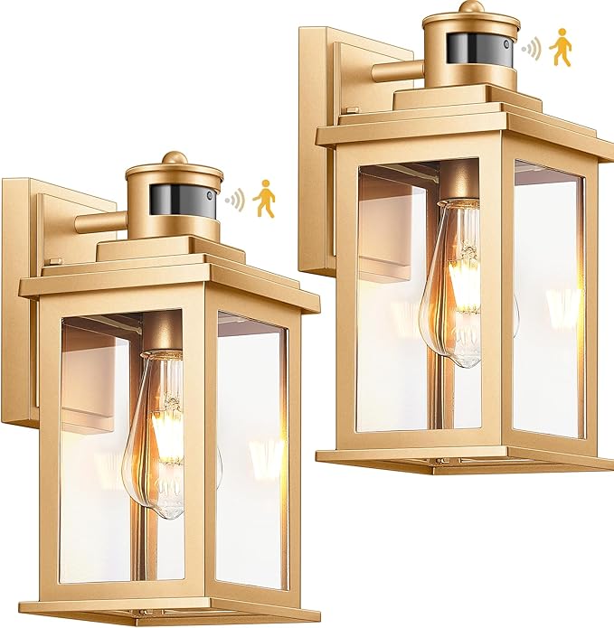 VIANIS Motion Sensor Outdoor Wall Lights Sconce, 2 Pack Dusk to Dawn Outdoor Light Fixture, Gold Waterproof Outdoor Motion Sensor Light for House, Doorway, Entryway, Garden,Hardwired, Non-Solar-VerdiqueGarden