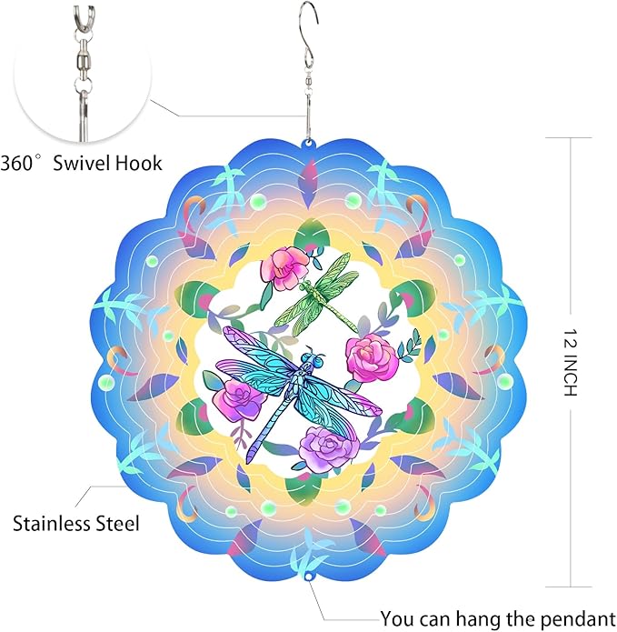 Dragonfly Wind Spinners Metal Dragonfly Gifts for Women Mom Grandma,12inch Hanging Wind Spinner for Outdoor&Indoor Decor Wind Kinetic Ornament for Yard Garden Decoration-VerdiqueGarden