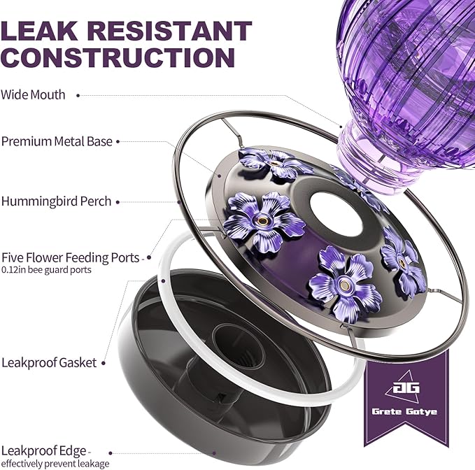 Glass Hummingbird Feeder for Outdoors Hanging, Bird Nectar Feeder with Perch & 5 Flower Feeding Ports, 26 Oz Leak Proof for Outside Garden Decor Backyard, Gifts for Women Mom, Purple-VerdiqueGarden