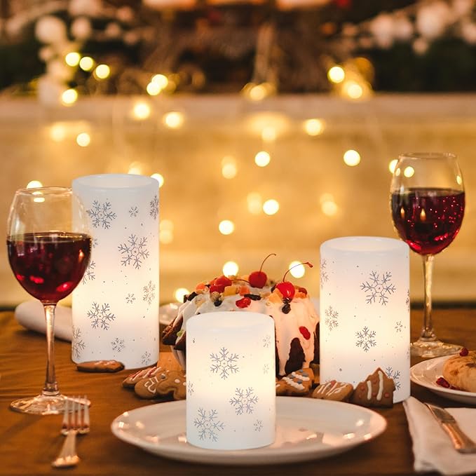 KunSween Christmas Flameless Candles with Timer, 3 Pack LED Pillar Candles with Silver Snowflake Decals and Real Wax, Christmas Winter Decorations for Home Indoor Table Centerpieces-VerdiqueGarden