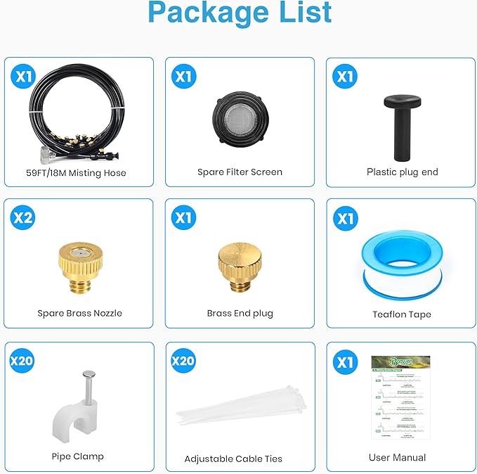Bonviee Misters for Outside Patio - 59FT Misting Cooling System with 20 Brass Nozzles and 3/4" Adapter, 18M DIY Outdoor Misters Kit for Garden, Greenhouse, and Patio Cooling-VerdiqueGarden