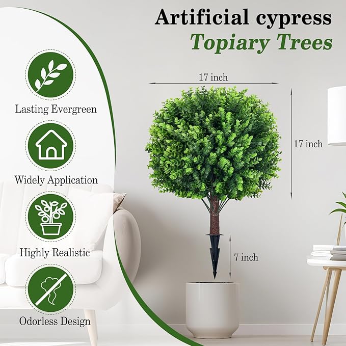 Artificial Topiary Tree with Eucalyptus, Set of 2 UV Resistant 17in Miniature Trees, Outdoor for Porch, Fake Bonsai Topiaries, Greenery Balls, Faux Shrubs for Planters, Curb Appeal Decor-VerdiqueGarden