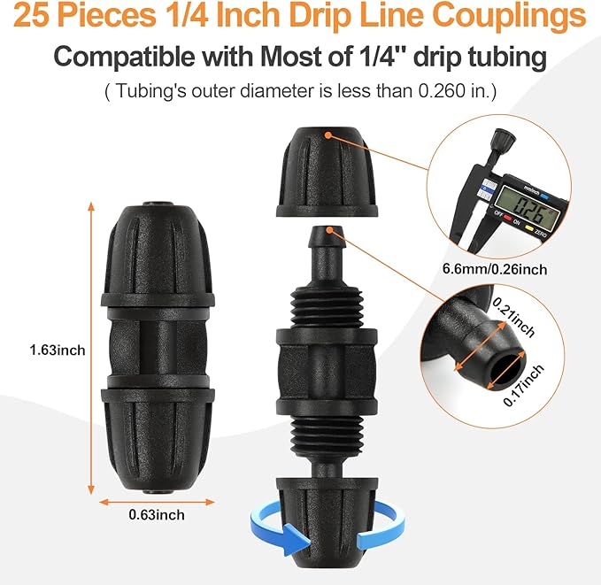 1/4 Inch Drip Irrigation Anti-leak Coupling Fittings, 25 Pieces 1/4'' Drip Line Barbed Locked Coupler Connectors for 1/4 Inch Irrigation Tubing for Garden Drip Systems-VerdiqueGarden