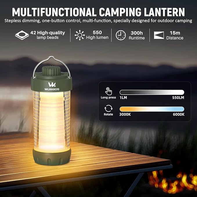 Wurkkos CL01 Camping Lantern Rechargeable, 550LM Waterproof Tent Light with Magnet Base, Up to 300H Runtime,Portable Lantern Flashlight with RGB light,Emergency Camp Light for Hurricane,Hiking,Camping-VerdiqueGarden