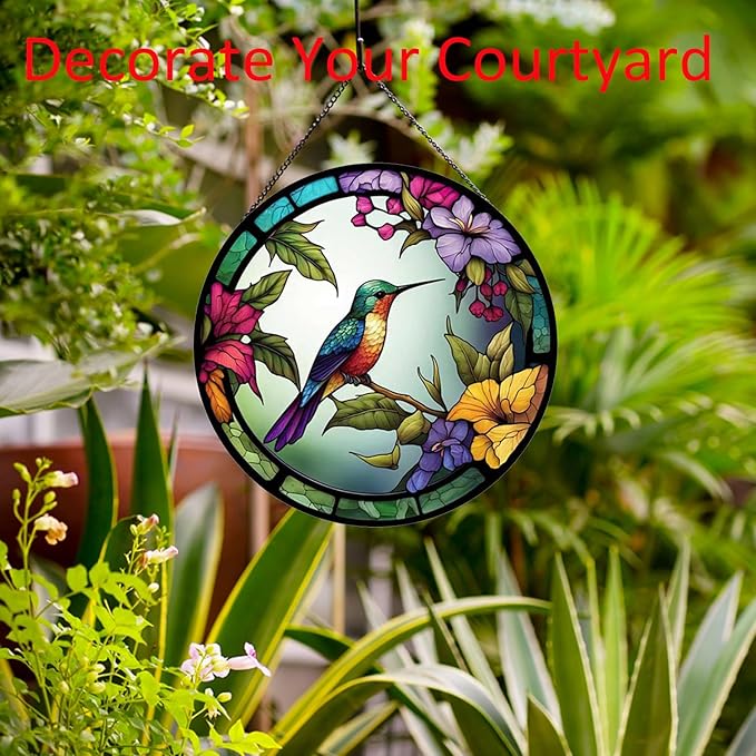 Hummingbirds and Flowers Pattern Hanging Stained Glass Suncatcher,Stained Glass Suncatchers for Windows,20cm/7.87inch Hand-Painted Sun Catcher Garden Painted Glass Panel Decor Themed Gift-VerdiqueGarden