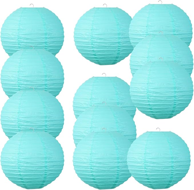 Chinese Style Paper Lanterns, Set of 12, Suitable for Party Decoration (Light Blue, 12in)-VerdiqueGarden