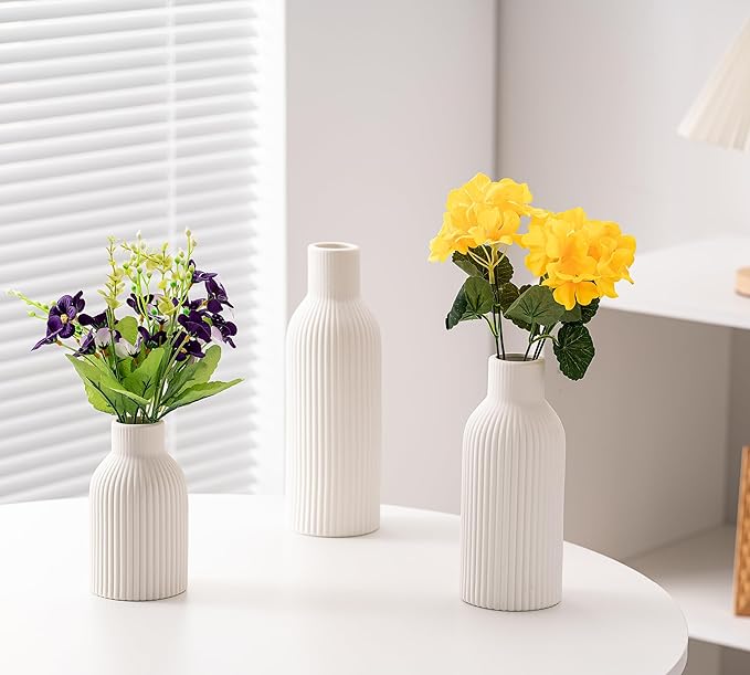 Ceramic Vase Set of 3, Flower Vases for Spring Room Decor, Kitchen Farmhouse, Modern Boho Style(White)-VerdiqueGarden