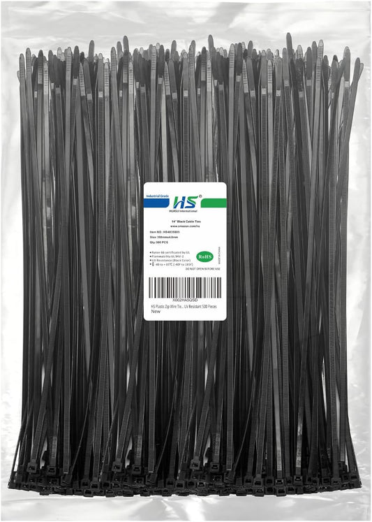 HS Plastic Zip Wire Ties Black Nylon Cable Zip Ties for Fencing Travel Outdoor Purpose, Cable Ties 14 Inch 50 LBS UV Resistant 500 Pieces-VerdiqueGarden