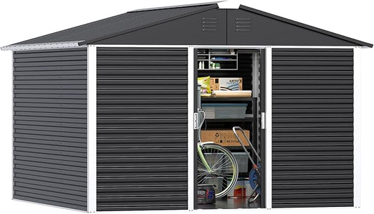 Metal Outdoor Storage Shed 10FT x 10FT, Steel Utility Tool Shed Storage House with Sliding Door, Metal Sheds Outdoor Storage for Backyard Garden Patio Lawn, Black-VerdiqueGarden