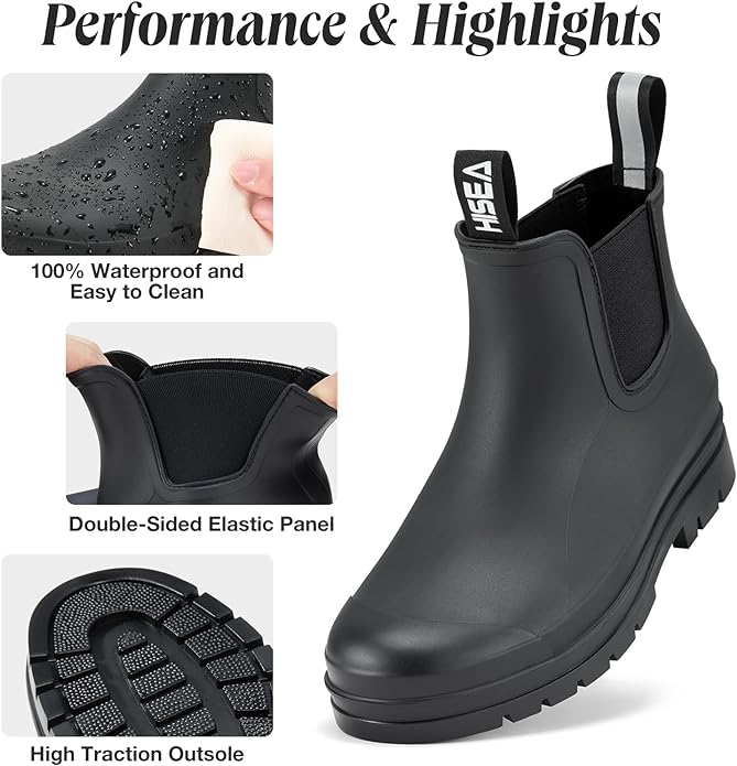 HISEA Women's Short Rain Boots Waterproof Garden Shoes Rubber Chelsea Boots Anti-Slipping Rainboots for Ladies with Comfort Insole Lightweight Stylish Ankle Rain Shoes Outdoor Work Booties-VerdiqueGarden