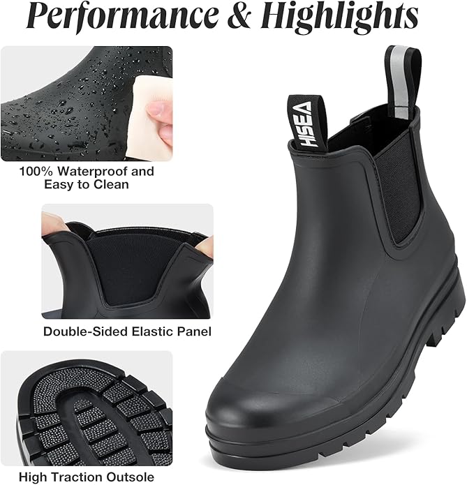 HISEA Women's Short Rain Boots Waterproof Garden Shoes Rubber Chelsea Boots Anti-Slipping Rainboots for Ladies with Comfort Insole Lightweight Stylish Ankle Rain Shoes Outdoor Work Booties-VerdiqueGarden