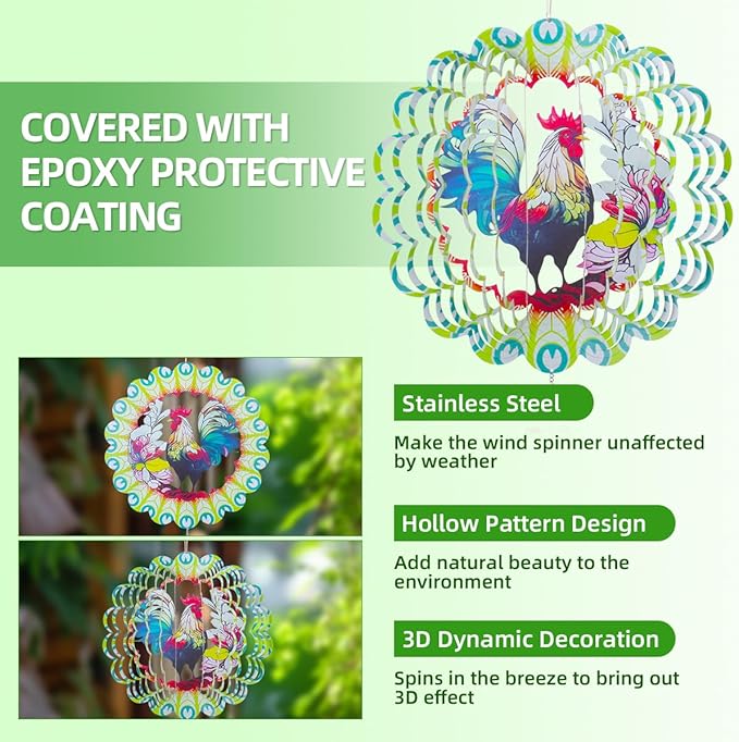 Wind Spinners Outdoor, FACIACC Rooster Metal 3D Hanging Garden Decor, 12-inch Stainless Steel Wind Spinner with Tail Spinner, Wind Sculptures for Indoor Patio Lawn Yard, Ornament Gift for Women/Men-VerdiqueGarden