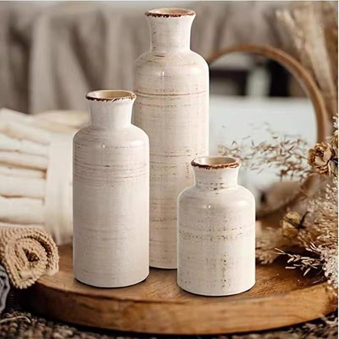Ceramic Vase Set of 3,Modern Small Vase for Flowers,Rustic Vintage Ceramic Flower Vases for Home Decor,Decorative Vases for Table Centerpiece,Bookshelf,Fireplace and Entryway-VerdiqueGarden