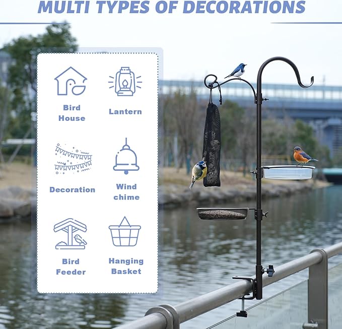 Deck Bird Feeding Station | Premium Multi Feeder Hanging Kit with Bird Bath & Sock Feeder | Attracts Wild Birds, Planter Hanger Hook for Outdoor Deck, Patio, Garden-VerdiqueGarden