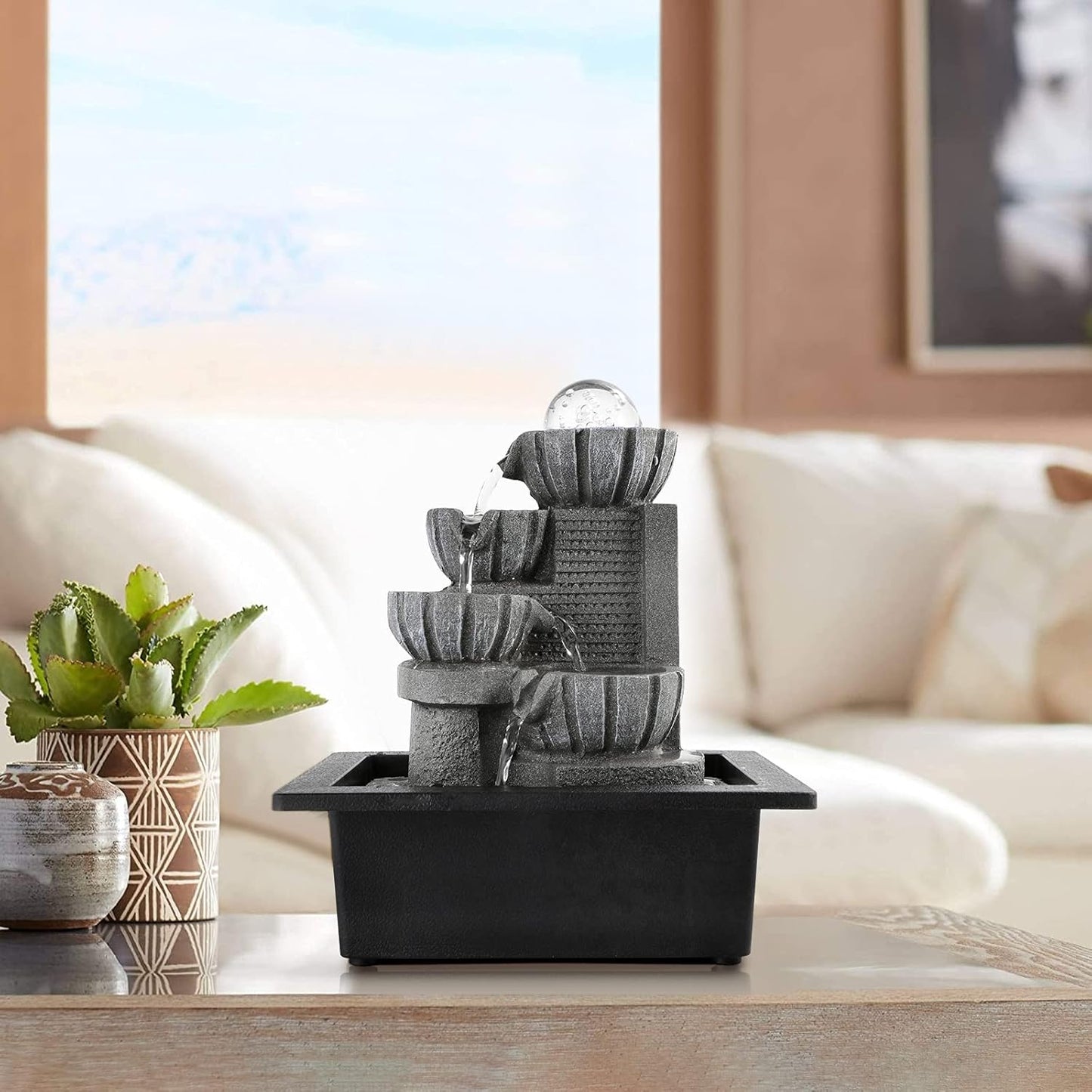 Dyna-Living Water Fountains Indoor Tabletop Water Fountain with LED Rolling Ball Feng Shui Waterfall Fountain for Modern Home Decor Office Living Room Decoration-VerdiqueGarden