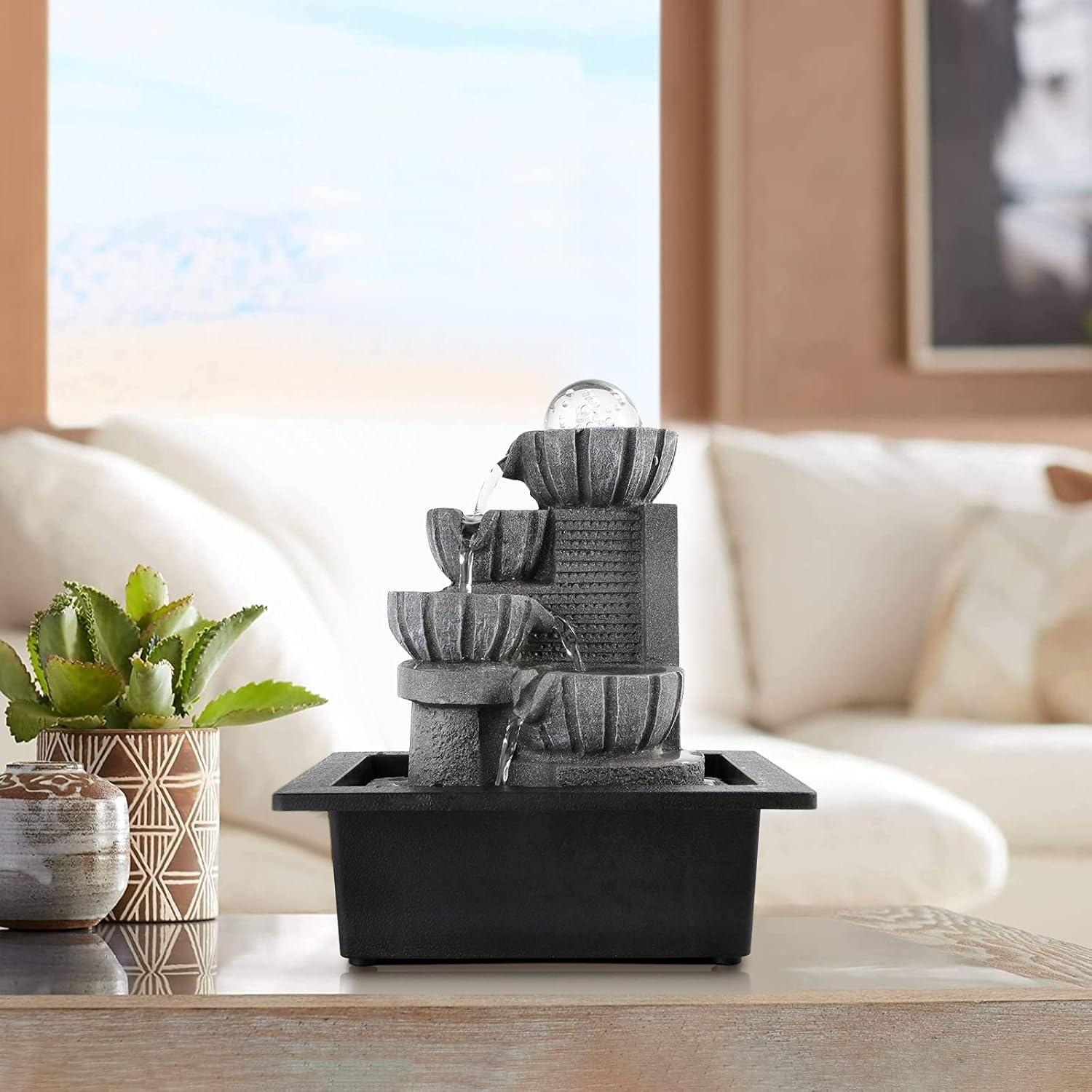 Dyna-Living Water Fountains Indoor Tabletop Water Fountain with LED Rolling Ball Feng Shui Waterfall Fountain for Modern Home Decor Office Living Room Decoration-VerdiqueGarden