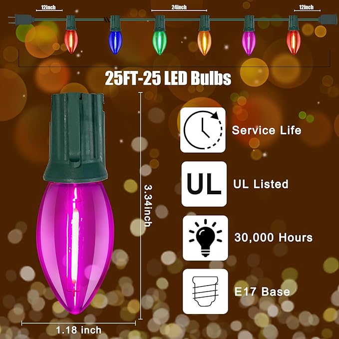 C9 LED Christmas Lights Outdoor,25FT Multicolored Christmas Lights with 26 Colorful Clear Multicolor LED Bulbs,Connectable Old Fashioned Christmas Lights for Garden Patio Xmas Tree Party Home Decor-VerdiqueGarden