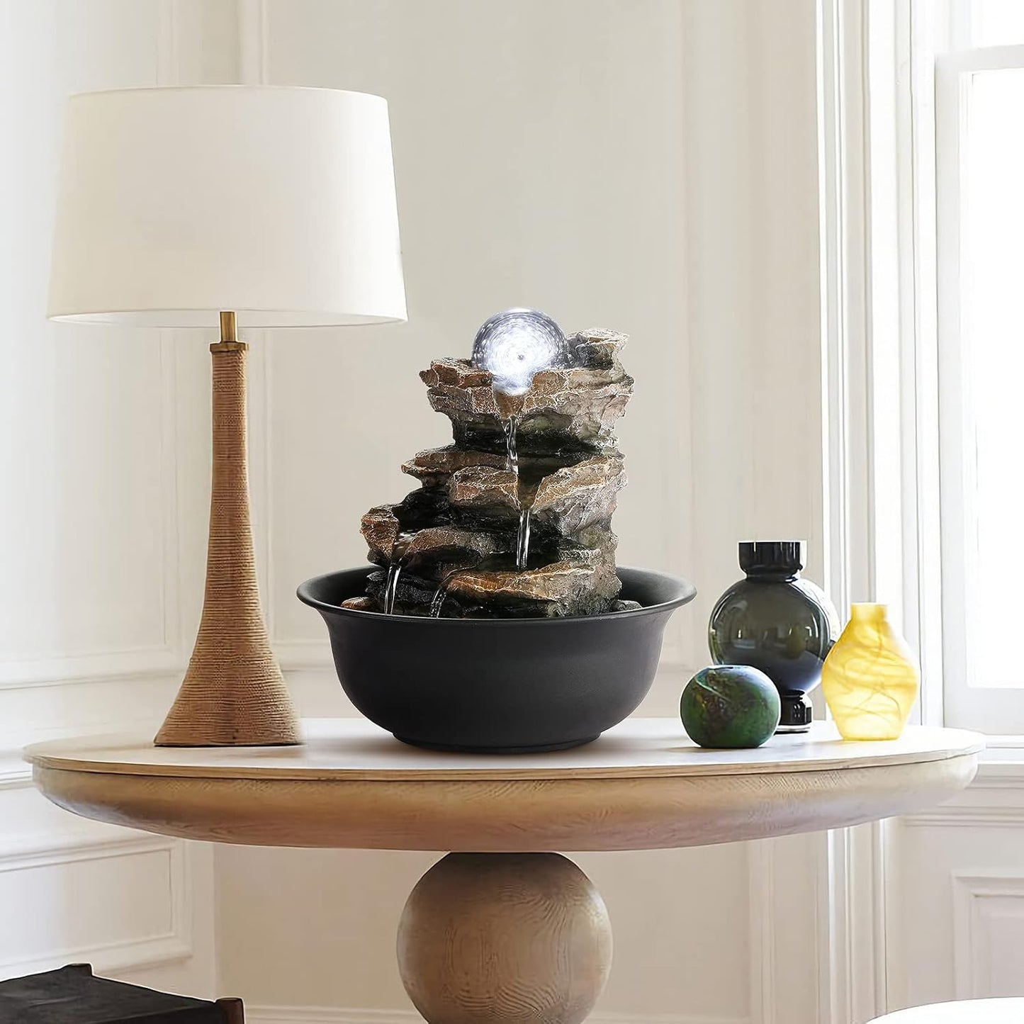 WICHEMI Indoor Fountains Tabletop Fountain Waterfall Fountain Indoor Water Feature Stacked Rocks Feng Shui Zen Meditation Relaxation Desktop Fountain with LED Light for Home and Office Decor(Style 5)-VerdiqueGarden