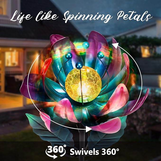Solar Purple Metal Flower Wind Spinners, Colorful Spinning Windmill Lotus Yard Art Lights Wind Pinwheels with LED Crystal Ball Decorative Stake Lighting Flower Sculpture-VerdiqueGarden