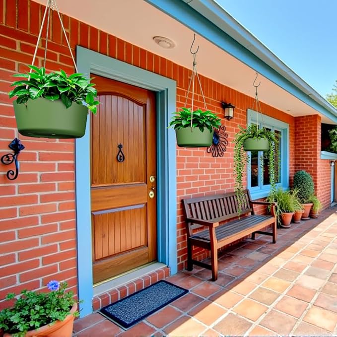 10.7 Inch Hanging Planter for Outdoor Indoor Plants，2 Pack Hanging Flower Pots with Drain Holes for Garden Home Decor Use (Dark Green)-VerdiqueGarden