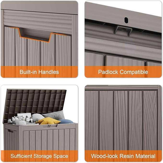 45 Gallon Resin Deck Box, Lockable Patio Outdoor Storage Box for Furniture, Garden Tools and Tools Storage, Waterproof Outside Storage Boxes - Grey-VerdiqueGarden