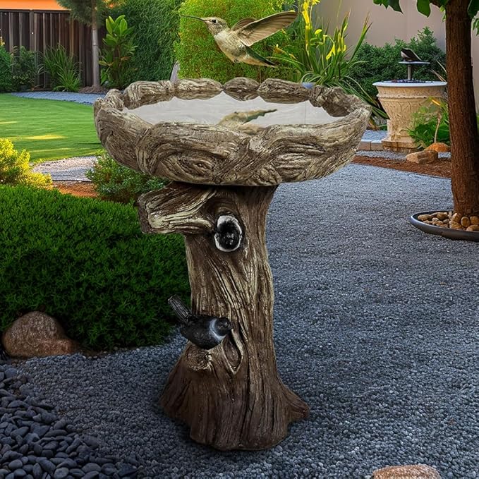 SKYFIRE 23” Tall Fibre Reinforced Concrete Birdbaths with Birds for Patio, Woodland Tree Trunk Decorative Outdoor Bird Bath for Garden，Pedestal Birdbaths for Outdoors, Garden, Patio, Lawn, Backyard-VerdiqueGarden