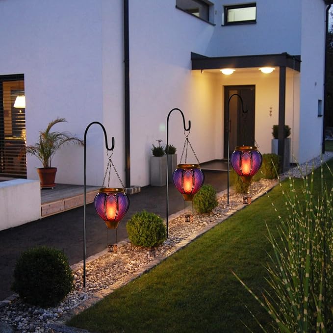 Hot Air Balloon Solar Lantern with Flickering Flame Hanging Solar Lights Outdoor Waterproof Lanterns for Garden Patio Yard Party Decoration Blue&Pink-VerdiqueGarden